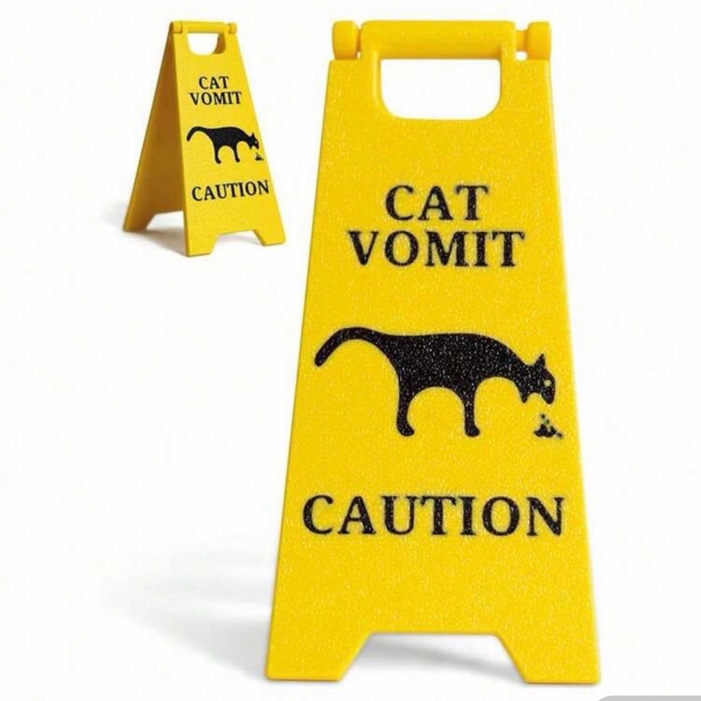 Cat vomit caution sign kitten warning funny gag gift office birthday pet supply
